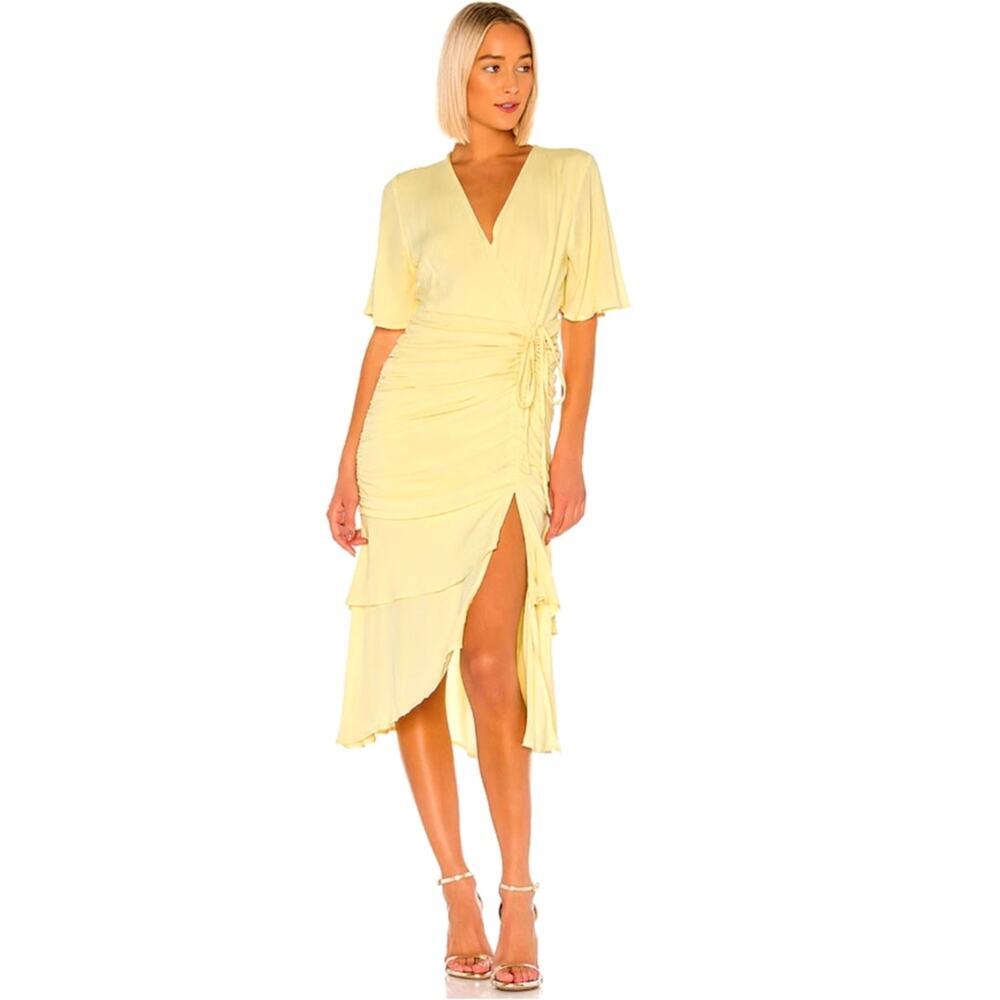 AERYNE Wrap Dress XS Pastel‎ Yellow Surplice Ruched Layered Coquette Ethereal